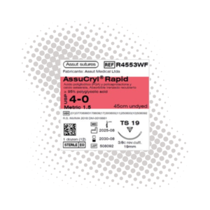 Assucryl Rapid 4-0 (Assut) — Sutura PGA-PGCL, aguja 3/8 circulo 19 mm, hebra 45 cm transparente · REF R4233W